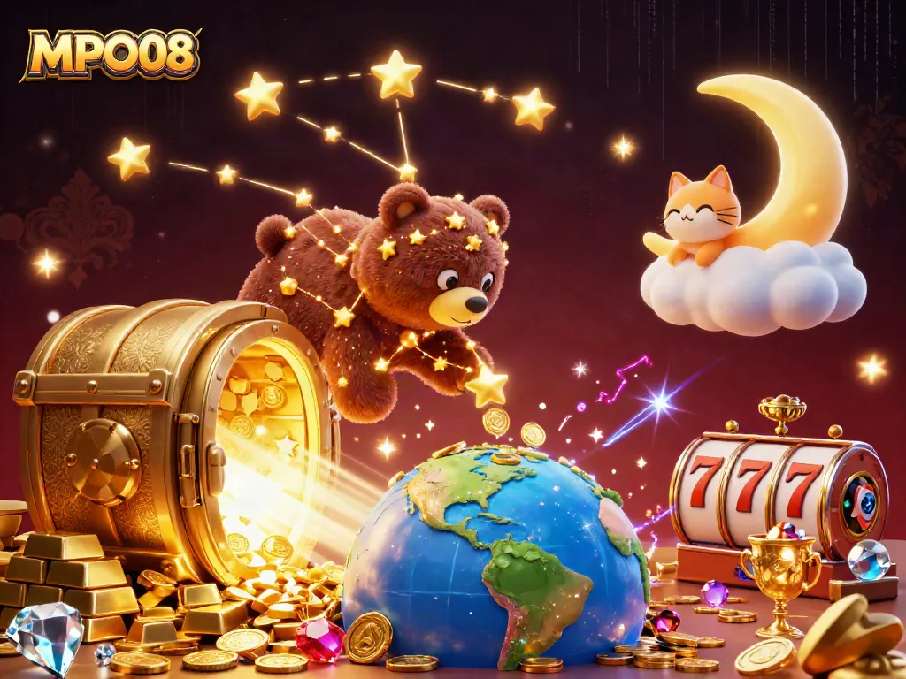 Engage with MPO08 in a vibrant casino-themed illustration showcasing wealth and fun.