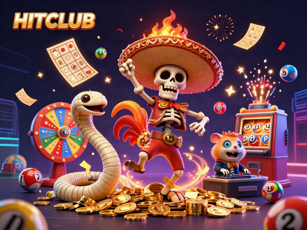 Engaging gaming scene showcasing HITCLUB with vibrant characters like a victorious skeleton mariachi and action elements.