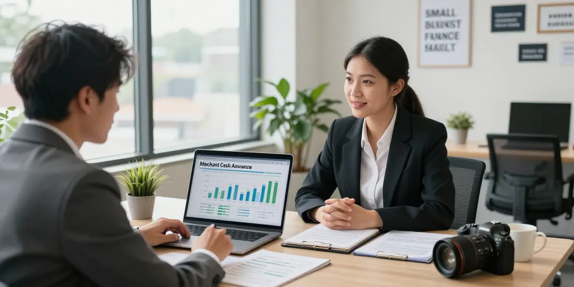 Cheapest merchant cash advance in UK consultation with financial advisor in bright office setting.