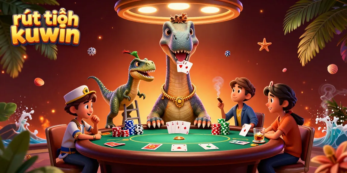 Experience the thrill of rút tiền kuwin with a vibrant 3D casino scene depicting colorful poker action.