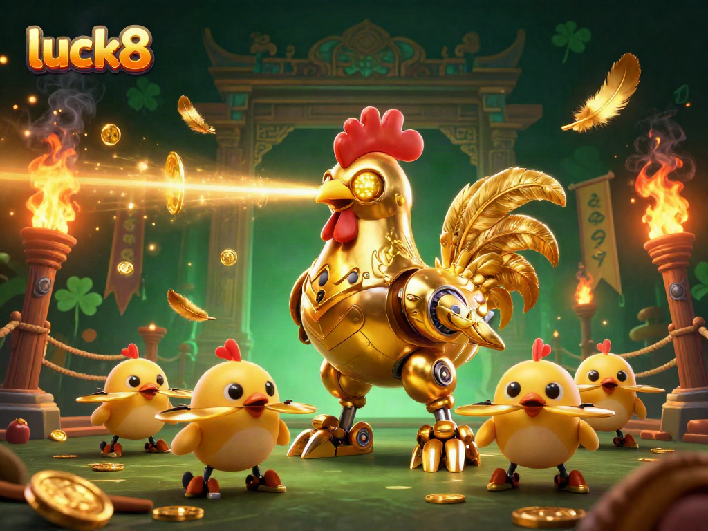 Experience intense gaming with luck8 in a vibrant, dynamic 3D casino scene featuring a golden rooster robot.