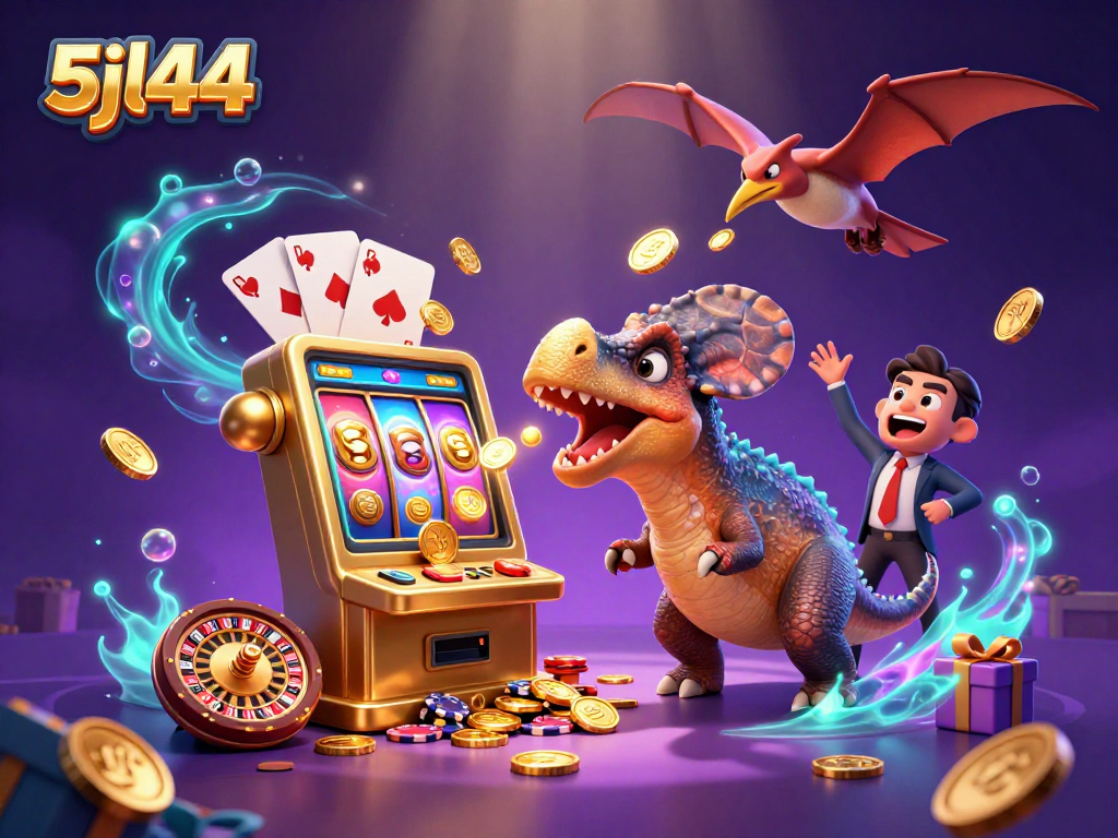 Pachycephalosaurus celebrates a jackpot at 5jl44, amidst coins, slot games, and a casino scene.