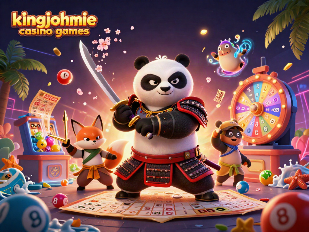 A dynamic scene showcasing kingjohnnie casino games, featuring a samurai panda and ninja fox amidst vibrant game elements.