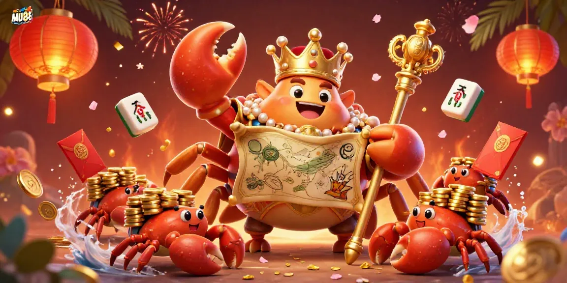Experience the excitement of MU88 with a glorious golden crab emperor amidst vibrant gambling elements, showcasing the rich diversity of their offerings.