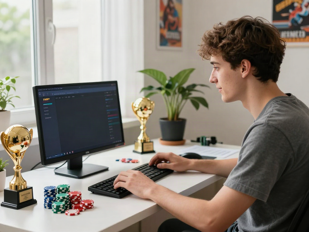 Enthusiastic player engaging with the FABET online betting interface in a stylish home office.