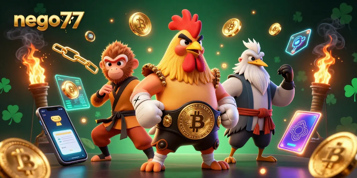 Engage with nego77 in this vibrant 3D casino scene showcasing festive characters and digital cryptocurrency elements.