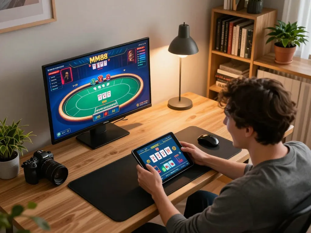 Player enjoying MM88 online casino gaming on a tablet in a stylish home office setting