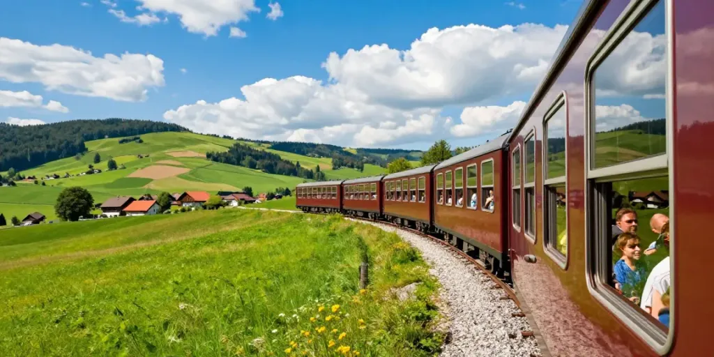 Inspiring travel image illustrating train tickets in Europe, highlighting scenic train journeys and vibrant landscapes.