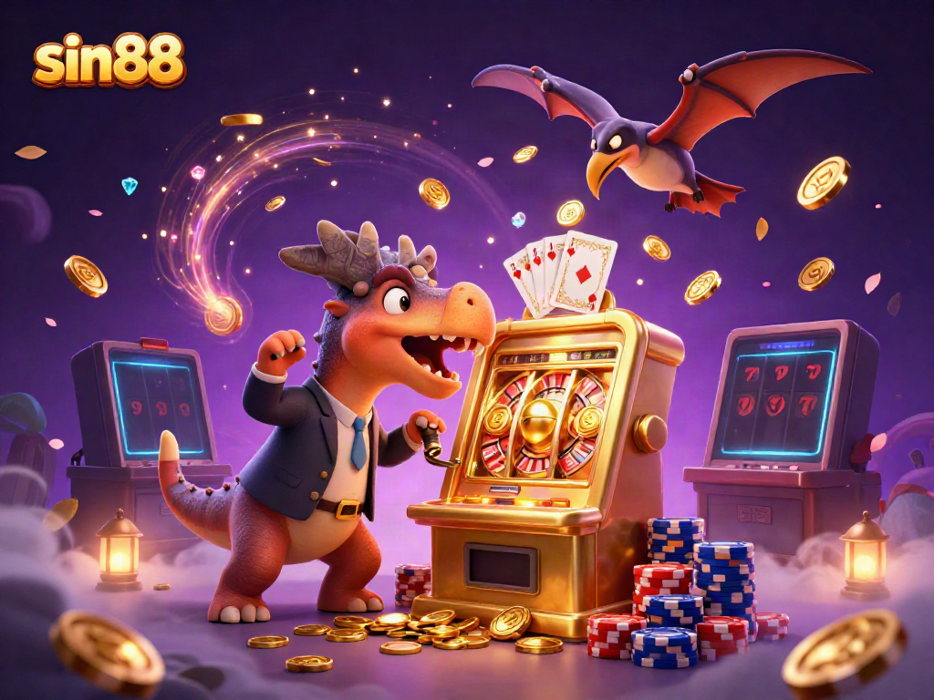 Experience the thrilling jackpot at sin88 with dinosaurs, colorful coins, and casino games in a vibrant 3D scene.