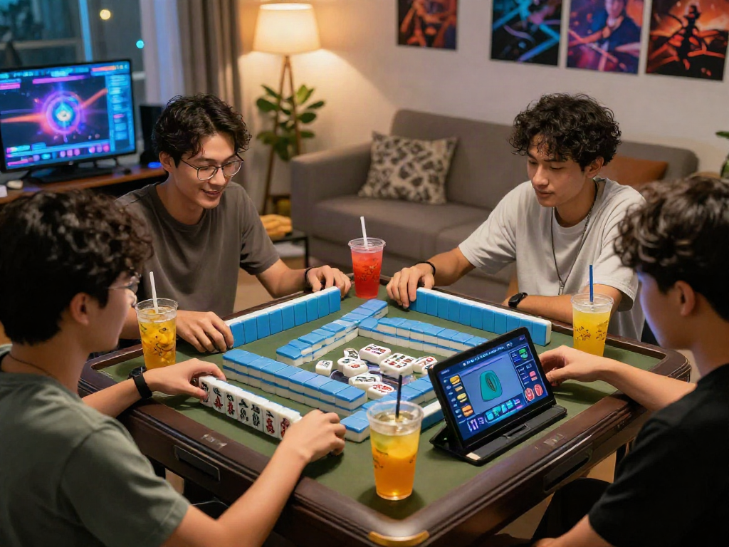 Engaged players enjoying MAHJONGJP88 hari ini in a lively home gaming environment with snacks and digital devices.