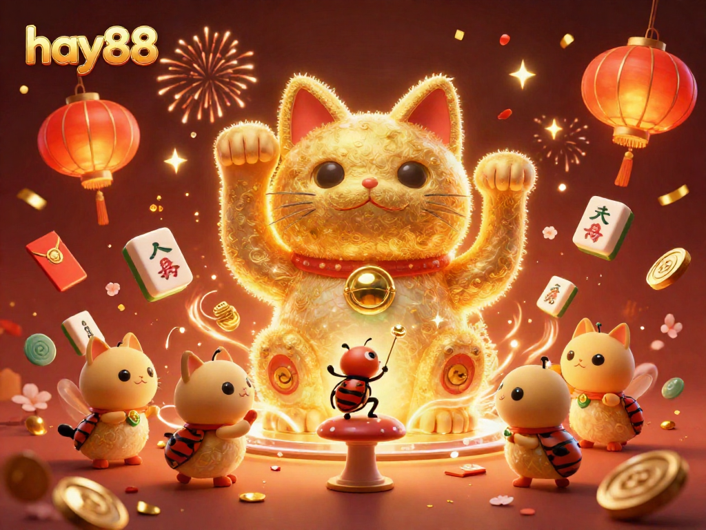 Experience the excitement of hay88 with a lively display of casino symbols, a lucky cat, and golden fireflies.