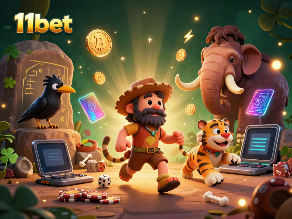 Experience thrilling gameplay with 11bet, featuring cartoon caveman and sabertooth tiger in a vibrant casino.