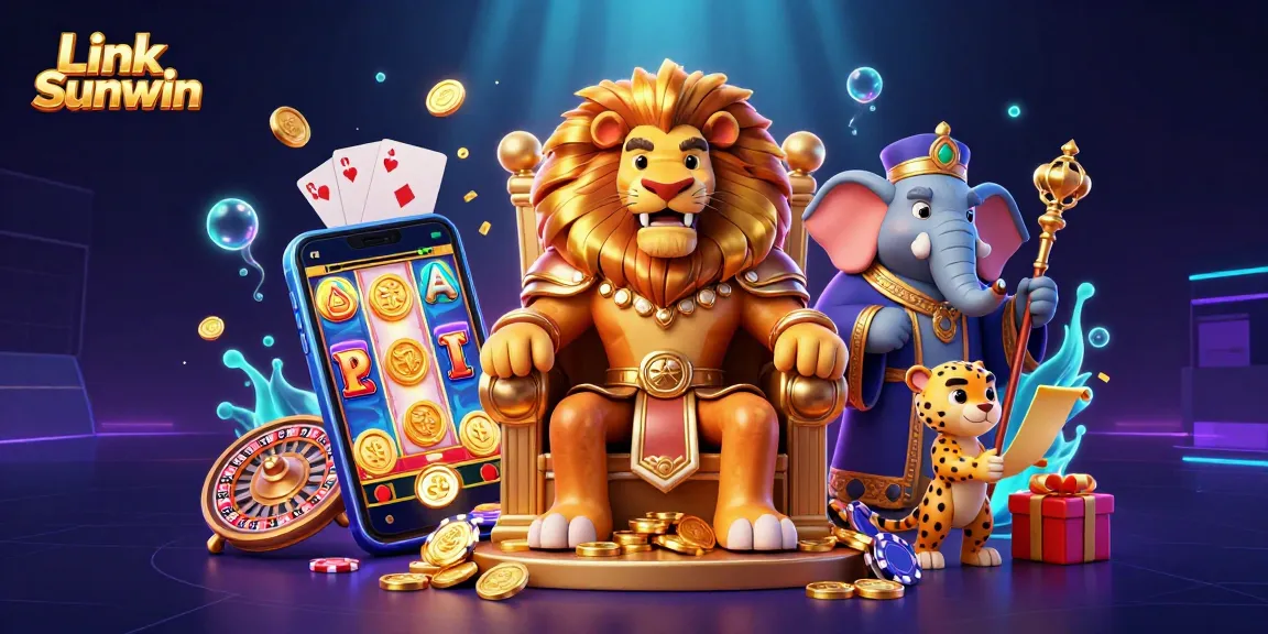 Engage with Link Sunwin, where a lion king, elephant advisor, and cheetah messenger showcase vibrant casino elements.