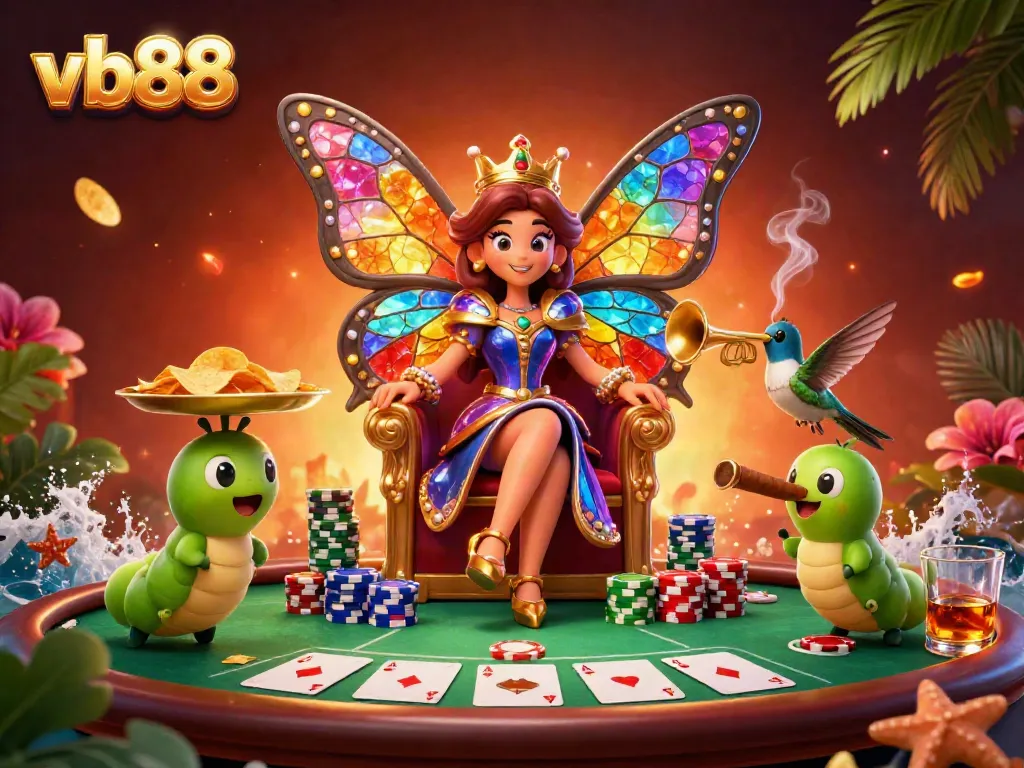 Experience the vibrant VB88 casino scene with dynamic elements and a butterfly queen surrounded by poker chips.