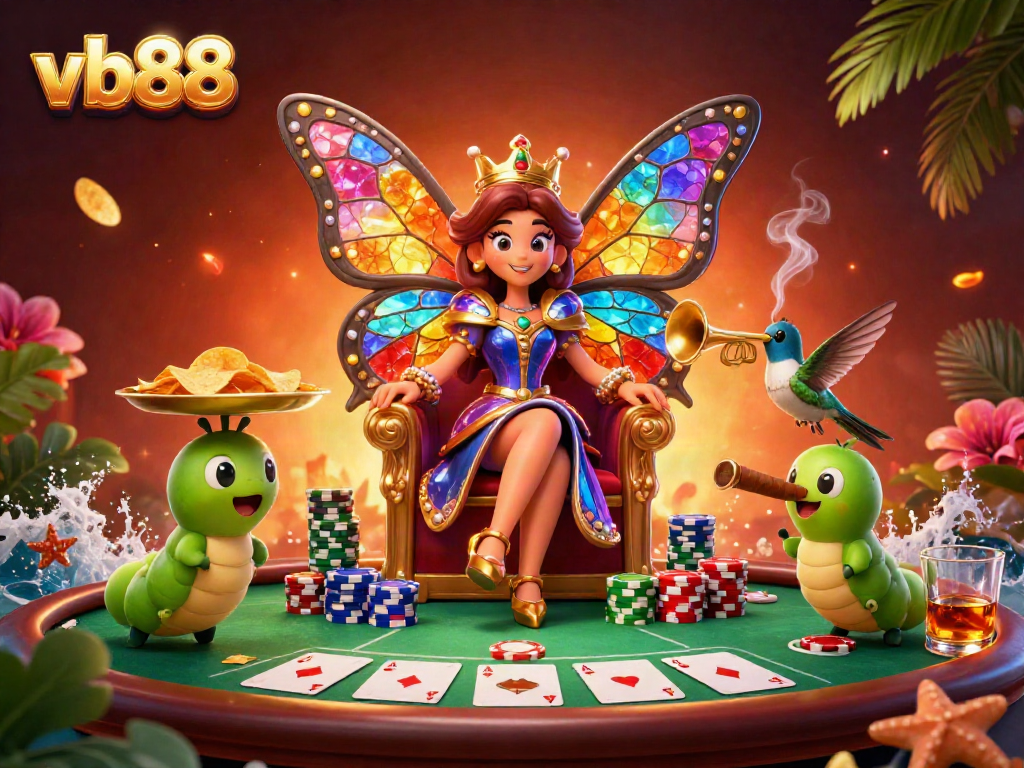 Experience the vibrant VB88 casino scene with dynamic elements and a butterfly queen surrounded by poker chips.