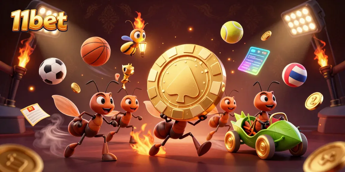 Engage in thrilling gameplay at 11bet with a cartoon heist featuring golden chips and dynamic sports elements.