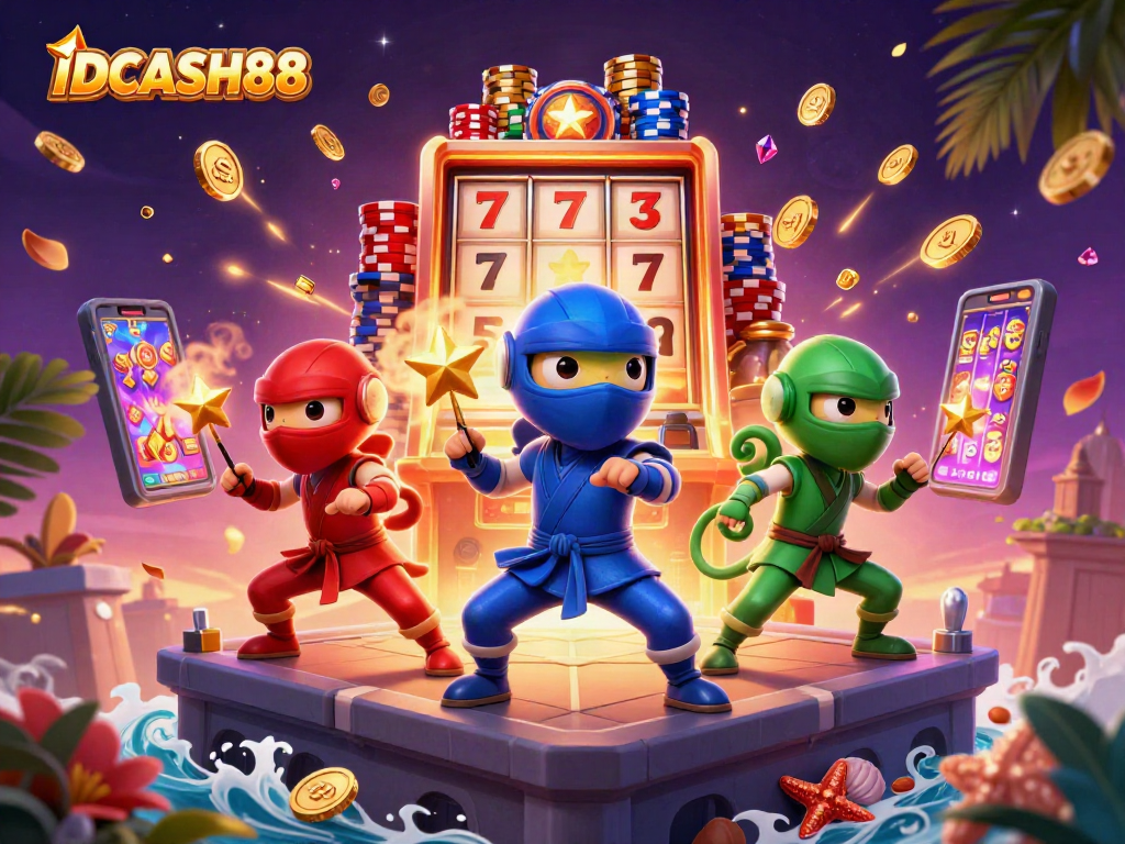 Experience thrilling action at IDCASH88 with vibrant slots and chameleon ninjas performing martial arts.