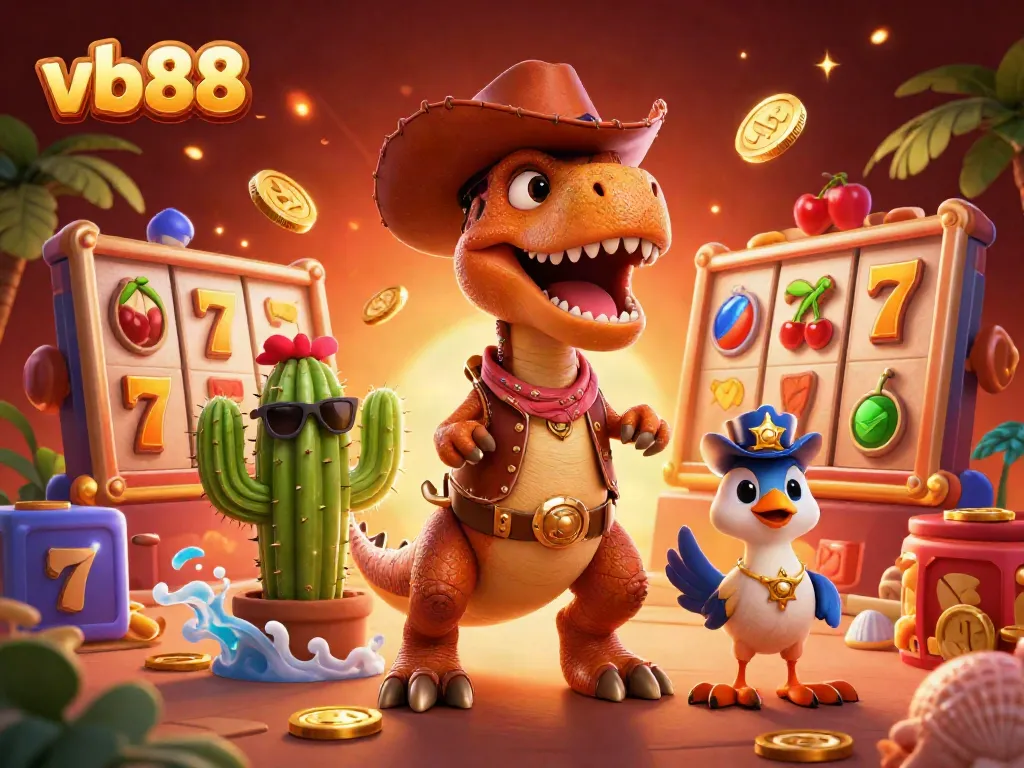 Experience the thrill of gambling at vb88 with a dynamic illustration featuring casino elements and characters.