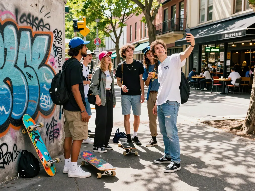 Friends enjoying a vibrant urban lifestyle with streetwear, capturing the essence of rokok88 culture.