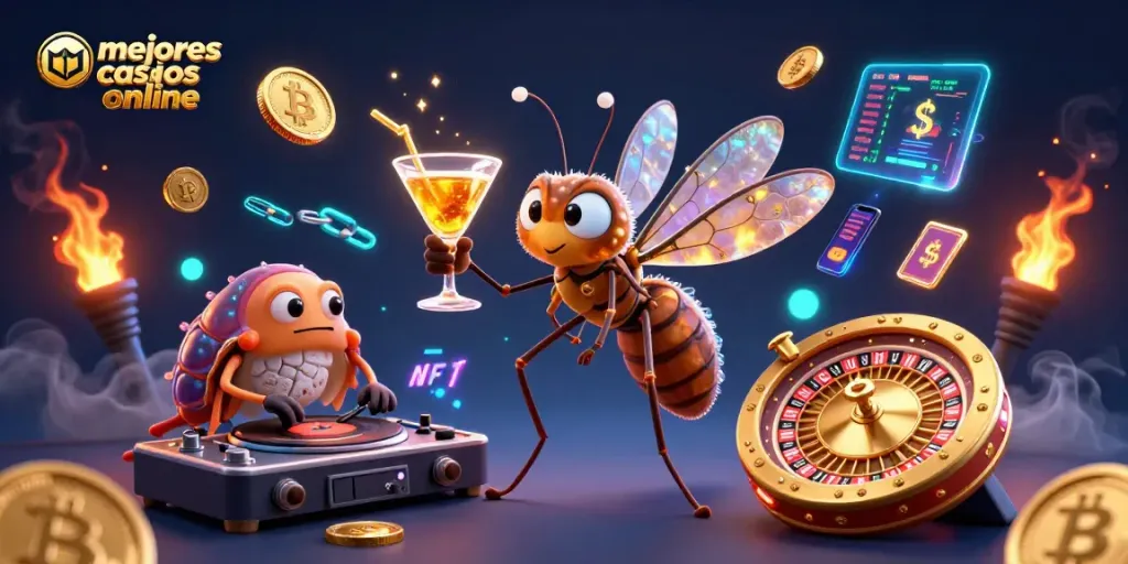Visualiza los mejores casinos online en una escena vibrante con elementos de juego animados.