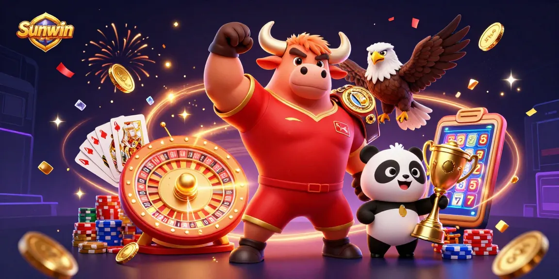 Sunwin celebrates with a bull mascot, eagle and panda amidst sparkling casino elements.