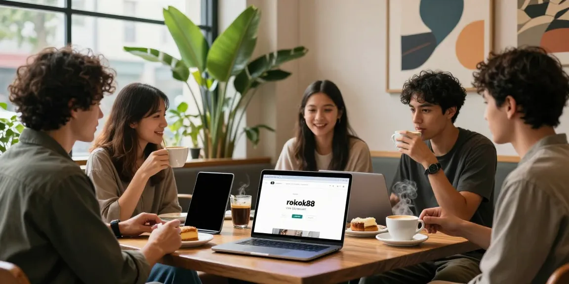Teman-teman bersantai di kafe urban sambil menikmati kopi dan menjelajahi rokok88 link alternatif di smartphone mereka.