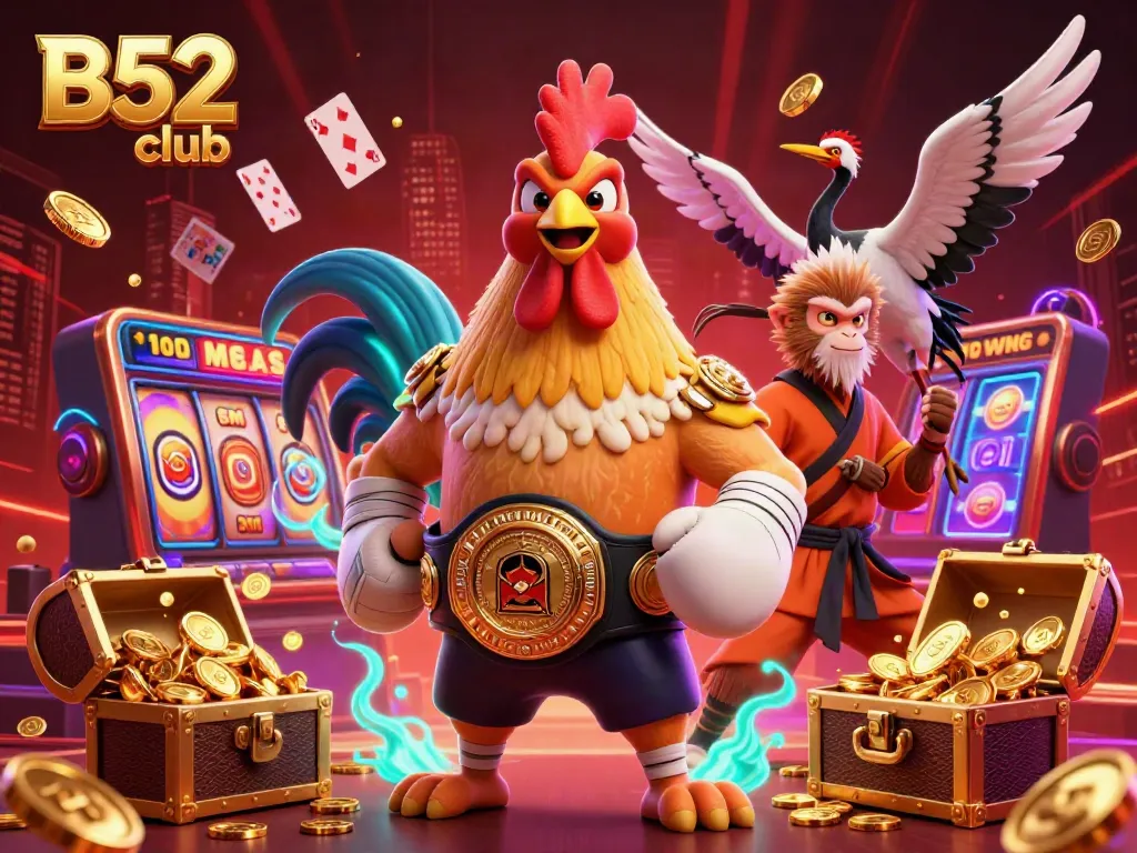 B52 club showcases a vibrant casino scene with characters and dynamic gaming elements bursting with energy.
