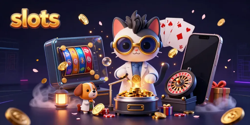 Engage with thrilling slots action as coins erupt from a smartphone in a lively creative casino scene.