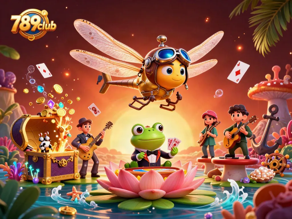 Experience the thrilling atmosphere of 789club with a unique casino scene featuring a dragonfly pilot and vibrant game elements.