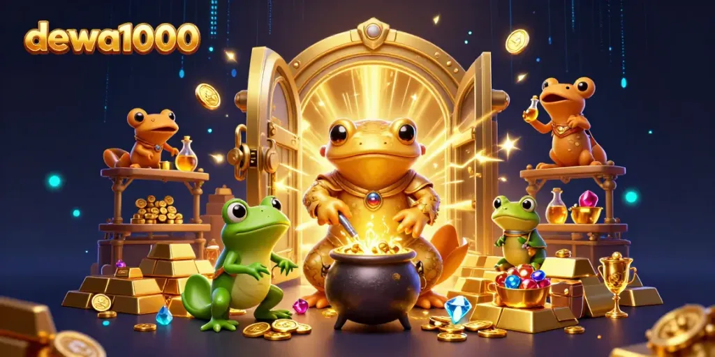 Experience the magic of dewa1000 with golden alchemy in a vibrant casino-themed illustration.