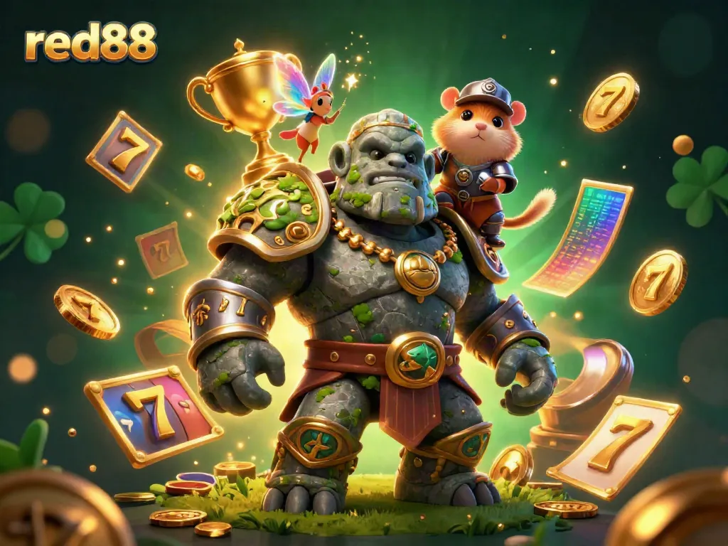 Immerse in the thrilling world of red88 with 3D golem guardian and magical elements in dynamic casino action.