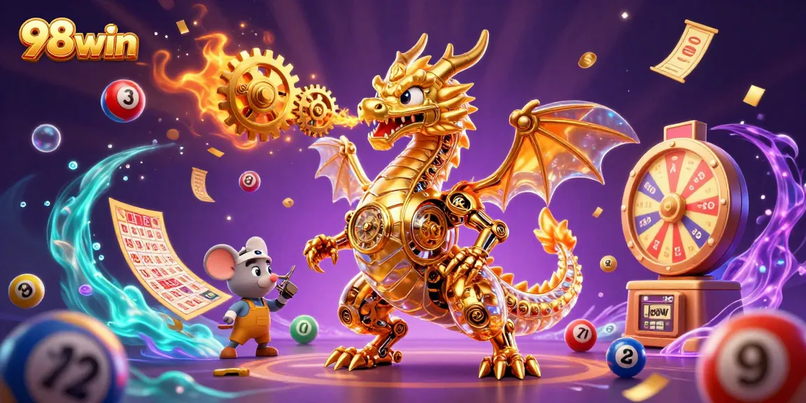 Join the excitement at 98win with dynamic lottery and gaming scenes, showcasing vibrant prizes!