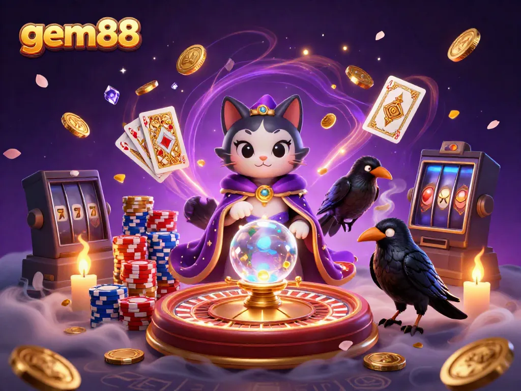Engage in thrilling gaming action at gem88 with a mystic cat fortune teller and rich casino elements.