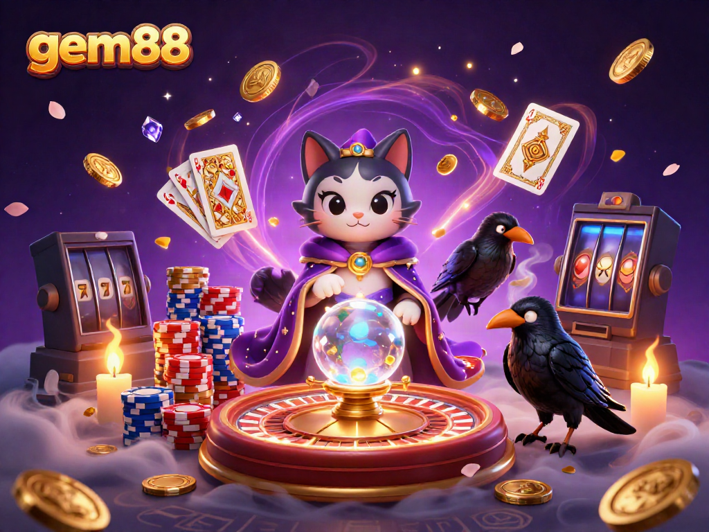 Engage in thrilling gaming action at gem88 with a mystic cat fortune teller and rich casino elements.