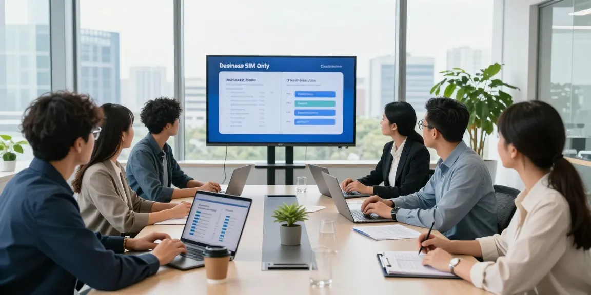 Compare business SIM only deals UK in a collaborative office environment with professionals analyzing data plans.