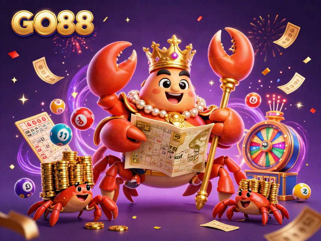 GO88: Experience dynamic casino excitement with a golden crab emperor amidst lively lottery elements.