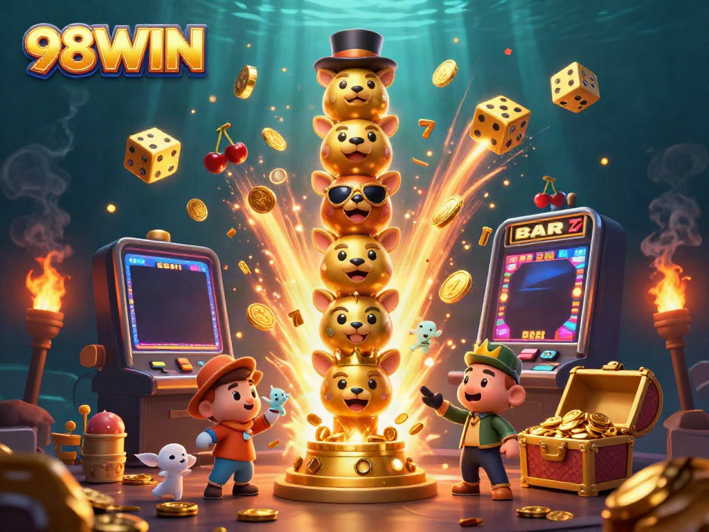 Experience thrilling fun at 98WIN with a vibrant scene of slot machines, totem poles, and dynamic game elements.
