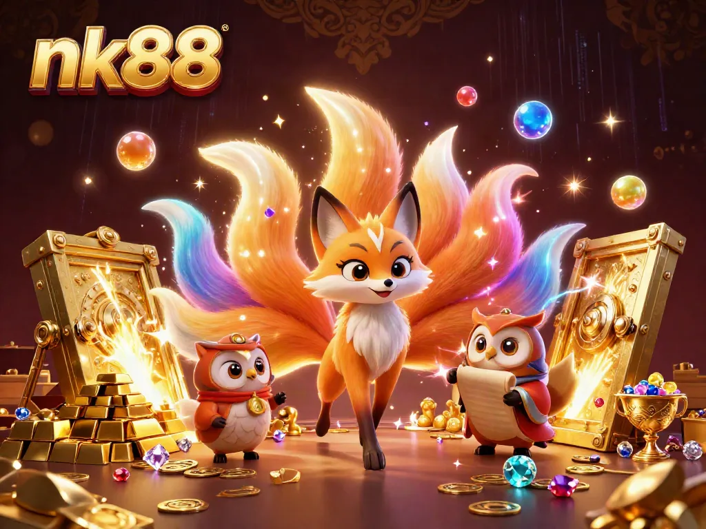 Engage with nk88's vibrant online gaming experience featuring a lively nine-tailed fox spirit, a wise owl, and treasures.