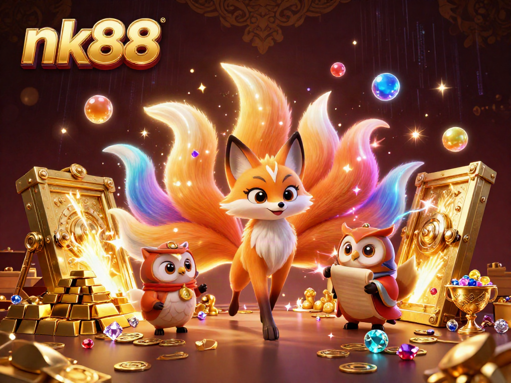 Engage with nk88's vibrant online gaming experience featuring a lively nine-tailed fox spirit, a wise owl, and treasures.