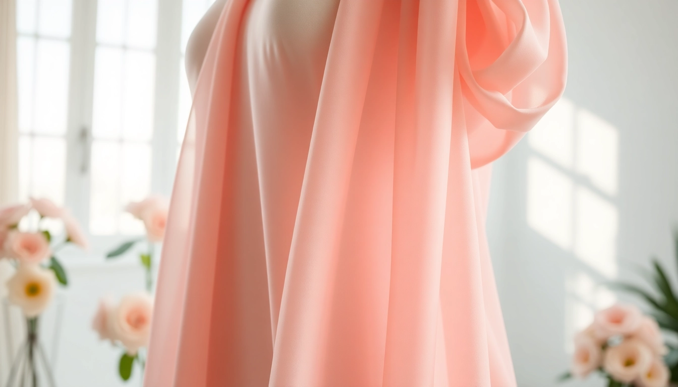 Chiffon stof prachtig gedrapeerd op een mannequin in een lichte studio.