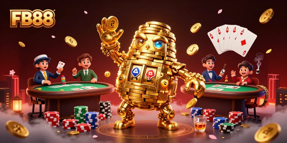 Experience exciting gaming action with FB88’s dynamic casino scene featuring a golden golem and poker elements.