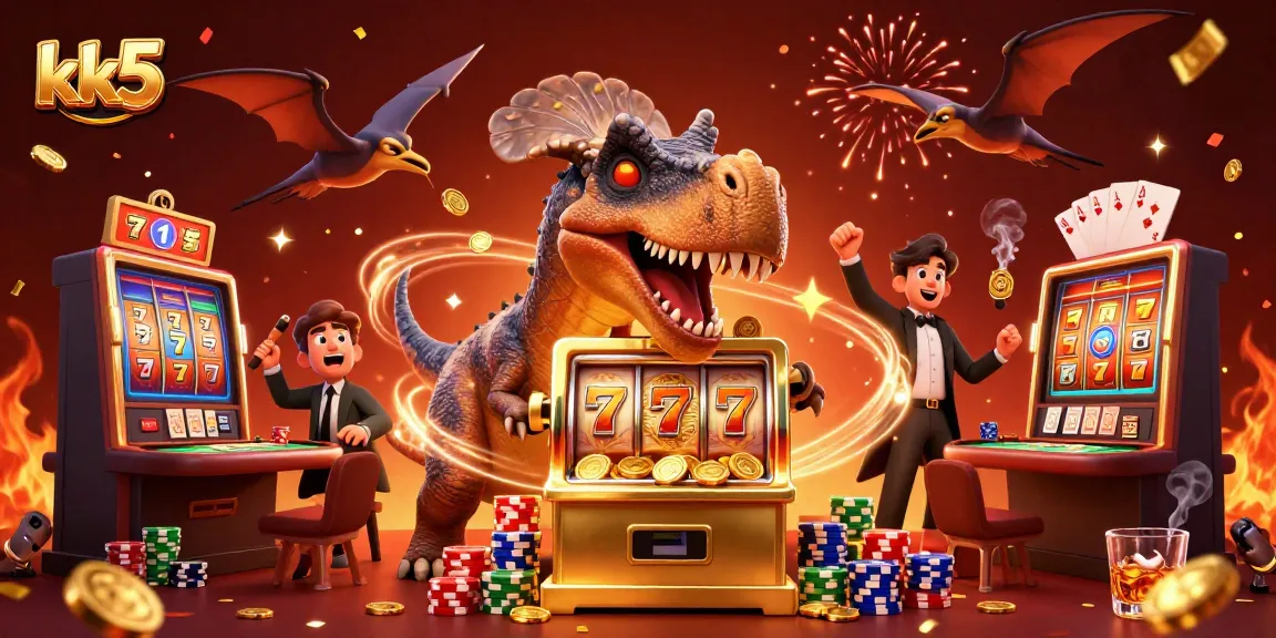 kk5 enhances the gaming experience with a cartoon dinosaur hitting a slot machine for jackpot wins
