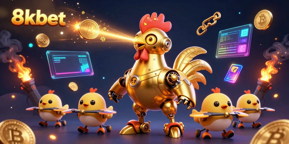 Experience 8xbet's vibrant gaming world with a golden rooster robot and crypto elements.