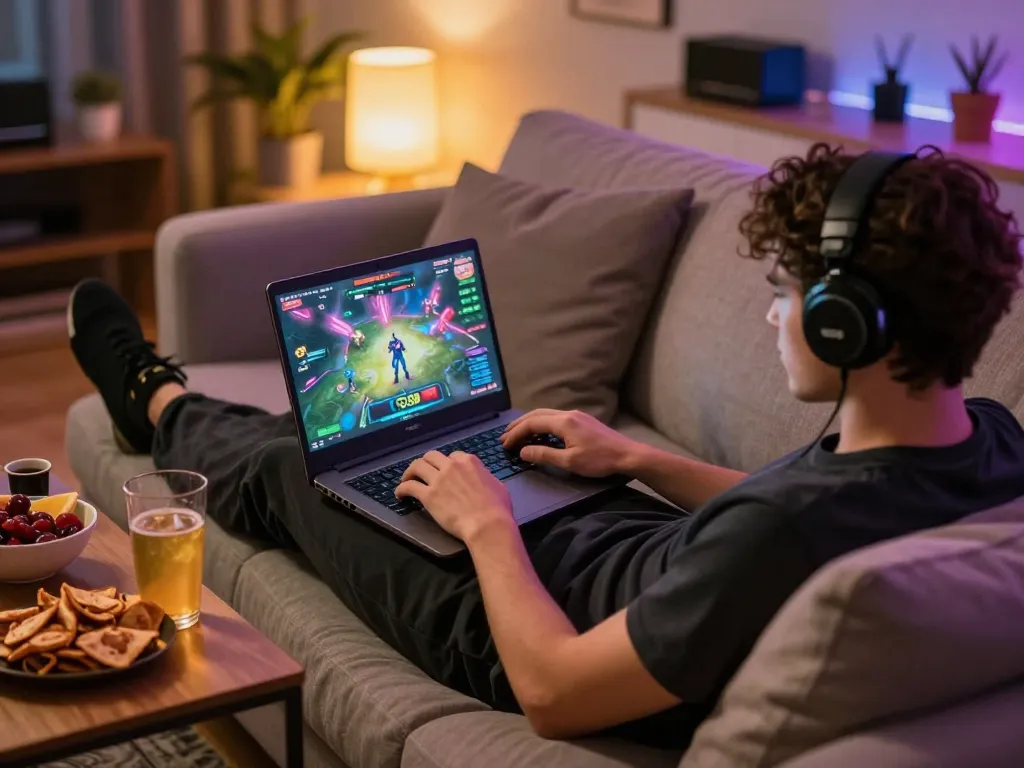 Player engaging in SC88 online gaming from a cozy home setting, focused on laptop screen
