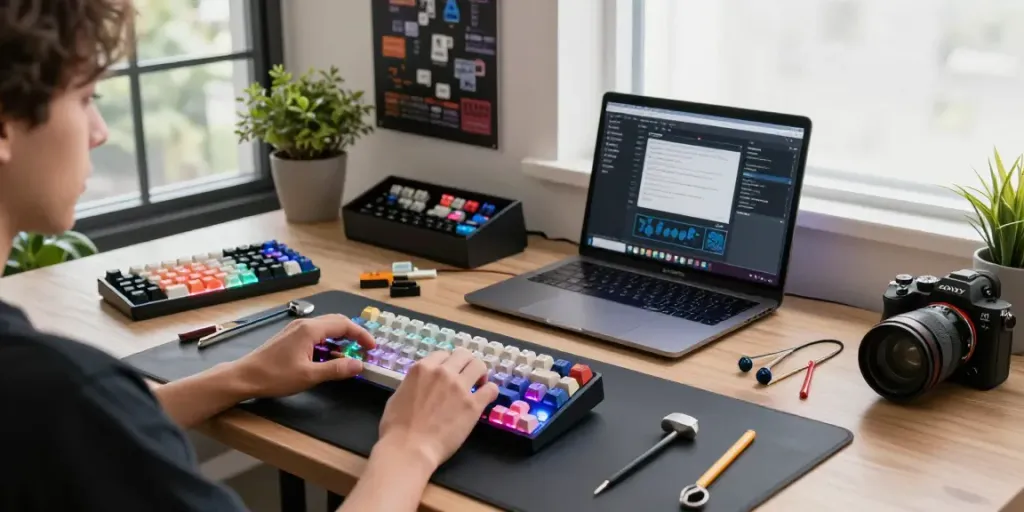 The best Hall Effect switches for Wooting showcased in a custom keyboard assembly scene with tools and colorful keycaps.