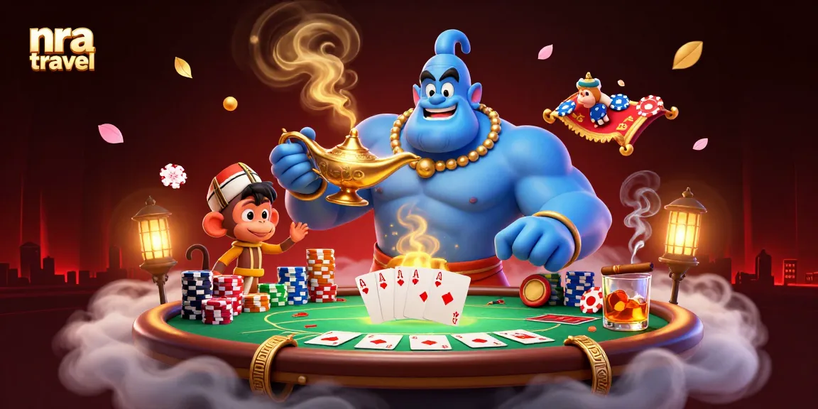This vibrant scene showcases nra travel with a genie, poker chips, and a swirling magic carpet, perfect for casino enthusiasm.