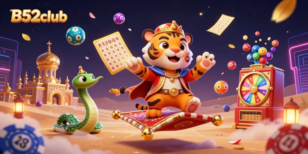 B52club brings excitement to life with a vibrant 3D illustration of an Arabian Nights tiger sultan in a magical casino world.