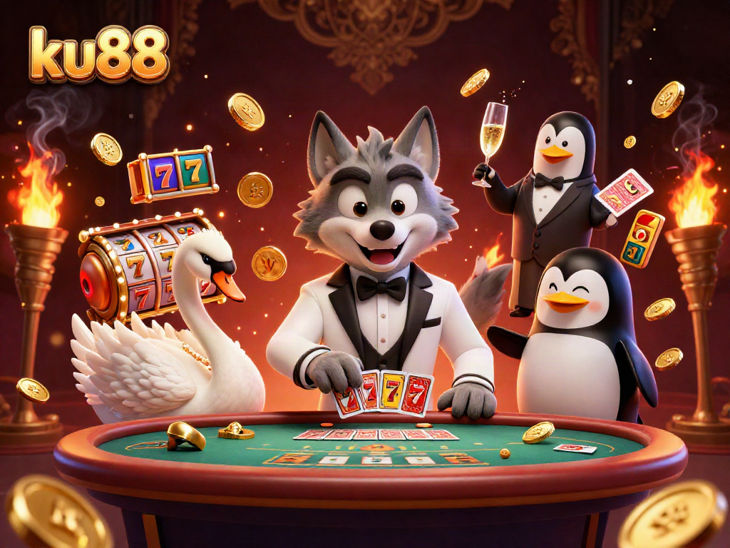 Witness the stunning ku88 casino scene featuring a wolf, swan, and penguin in action.