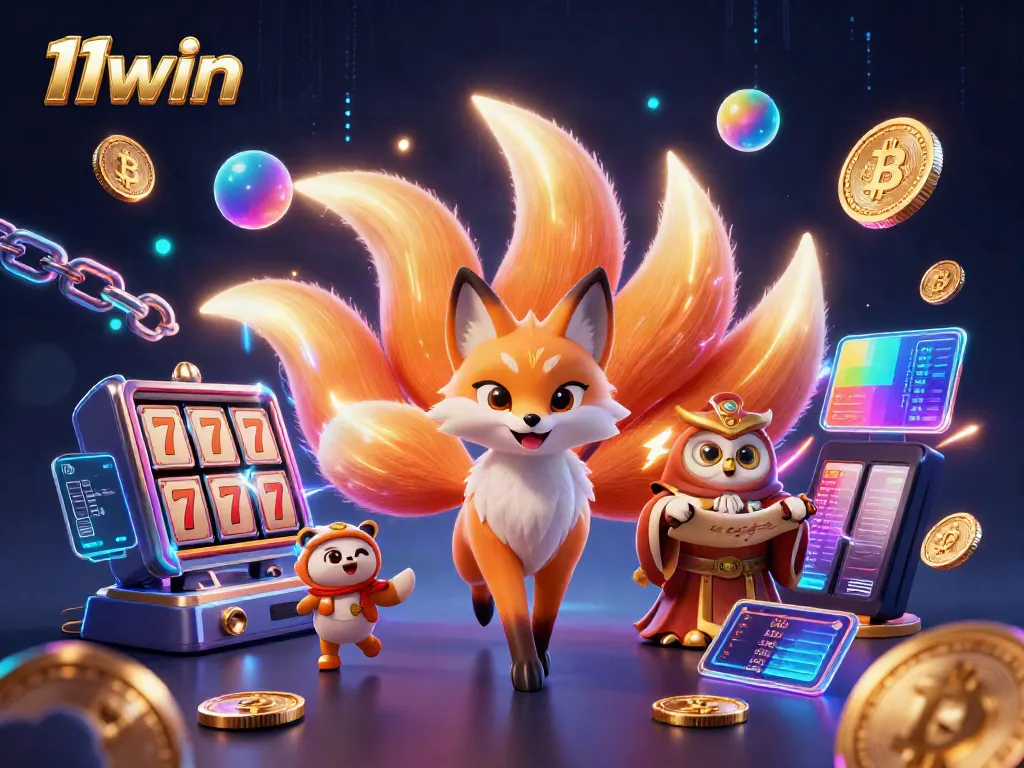 Engage with 11win's vibrant online casino world featuring animated spirits, lucky slots, and glowing crypto coins.