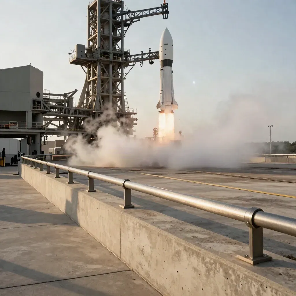 Launch pad vapor boils behind a viewing rail as the gantry and rocket plume build at ignition.